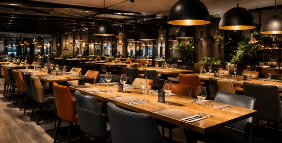 Salle du restaurant Le Synapse avec clients au buffet, carpaccio de bœuf au premier plan